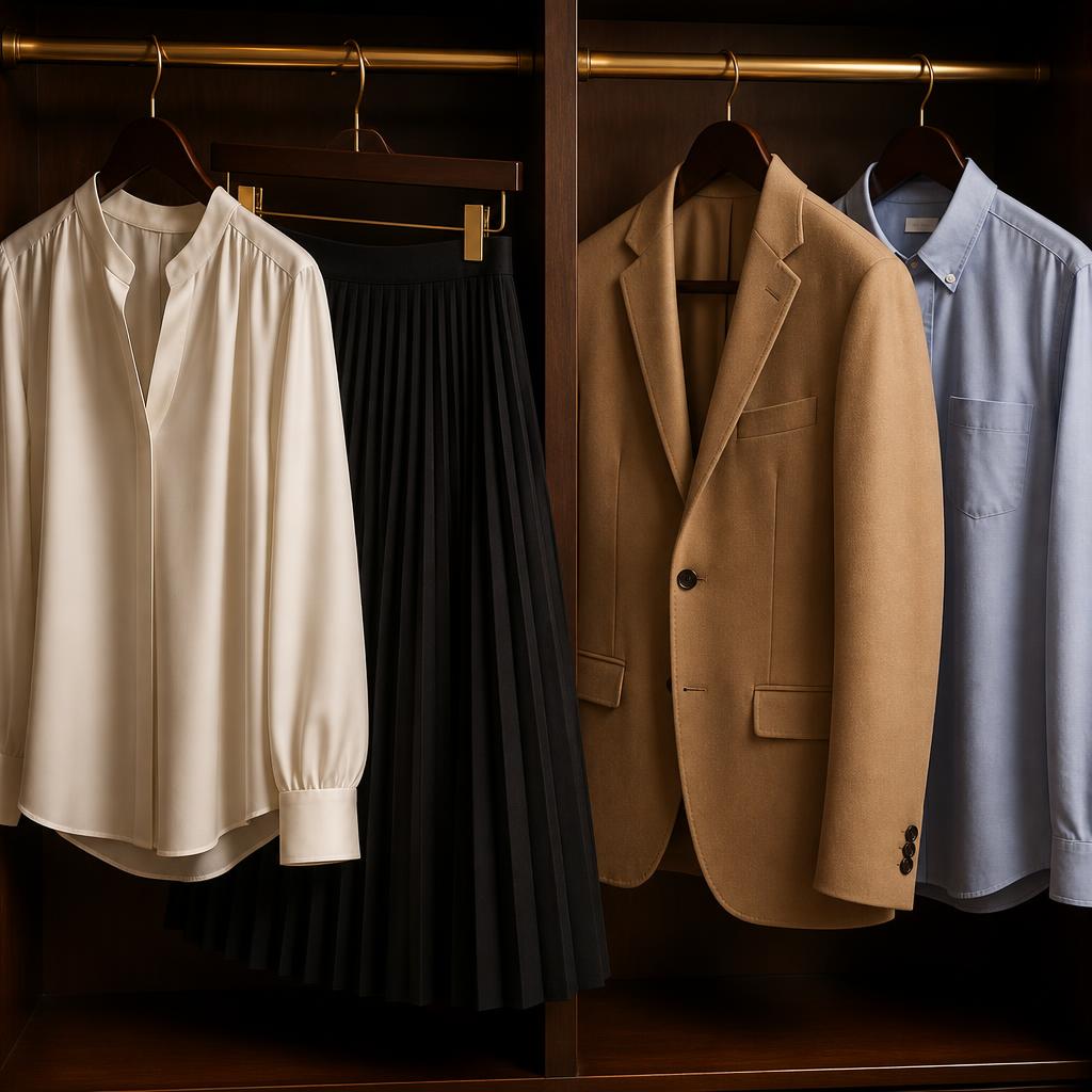 Cream silk blouse and pleated skirt beside a camel blazer and oxford shirt on brass hangers