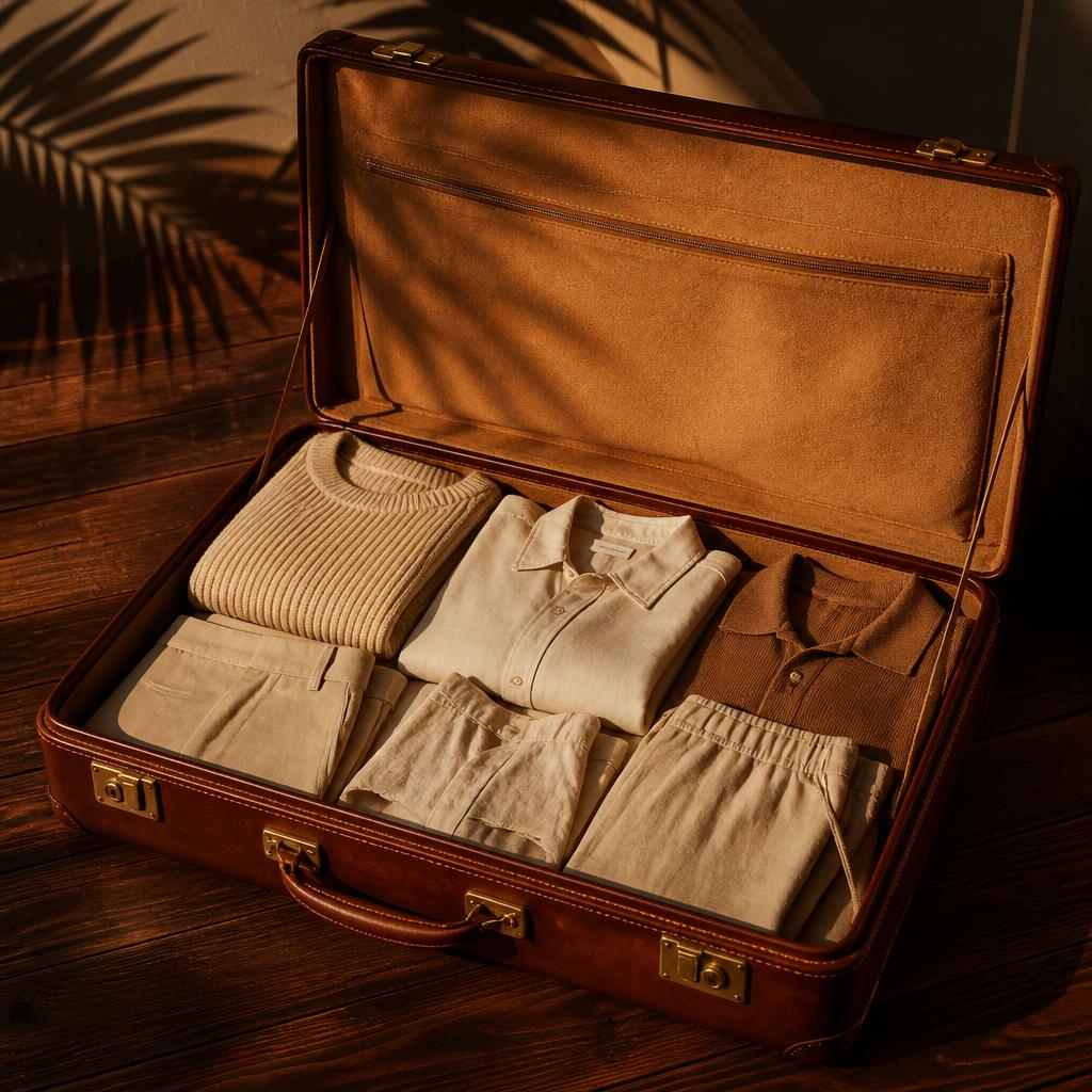 Elegant leather suitcase packed with neutral linen clothing