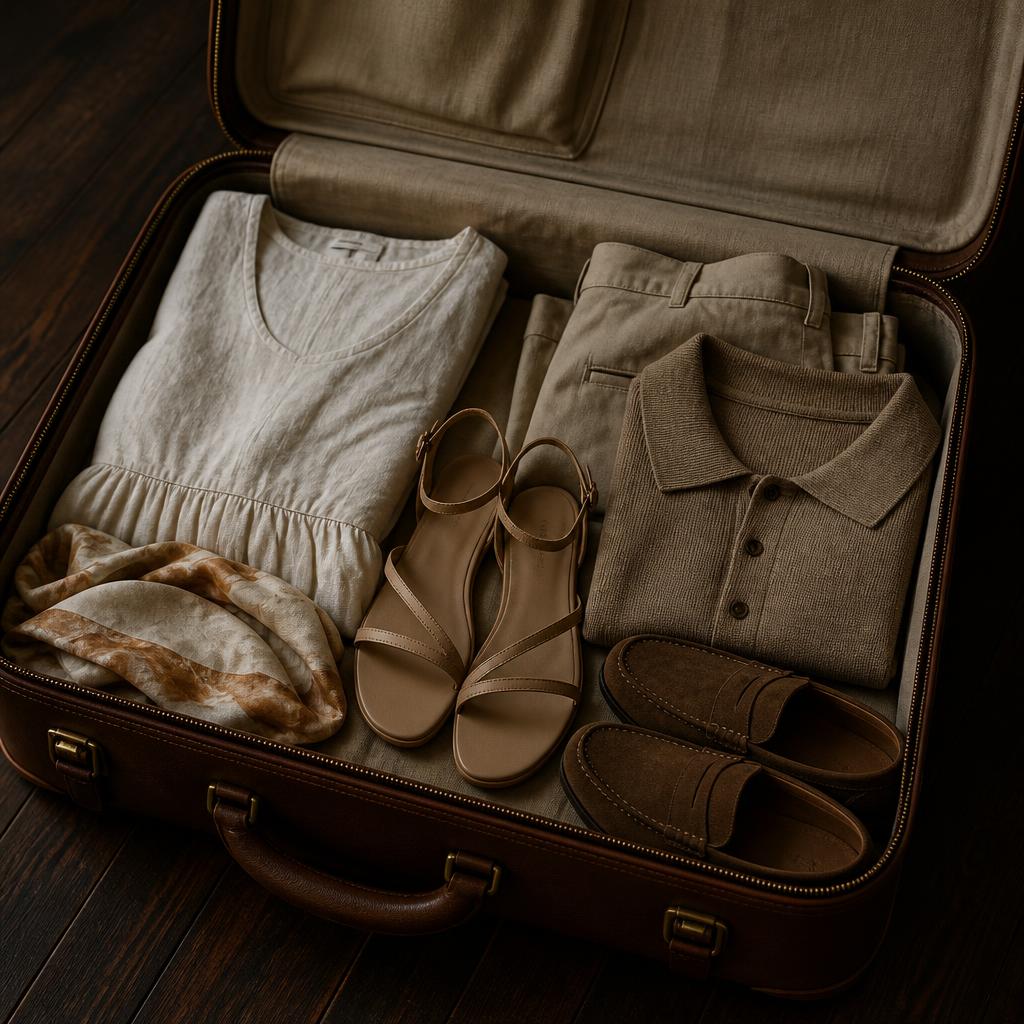 Leather suitcase packed with a linen dress, sandals, chinos, knit polo and loafers